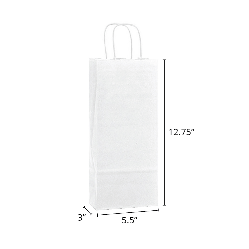 Vino 5.5 x 3 x 12.75" <br>40% Recycled White Paper Single Bottle Bags 25/pkg - Image 2