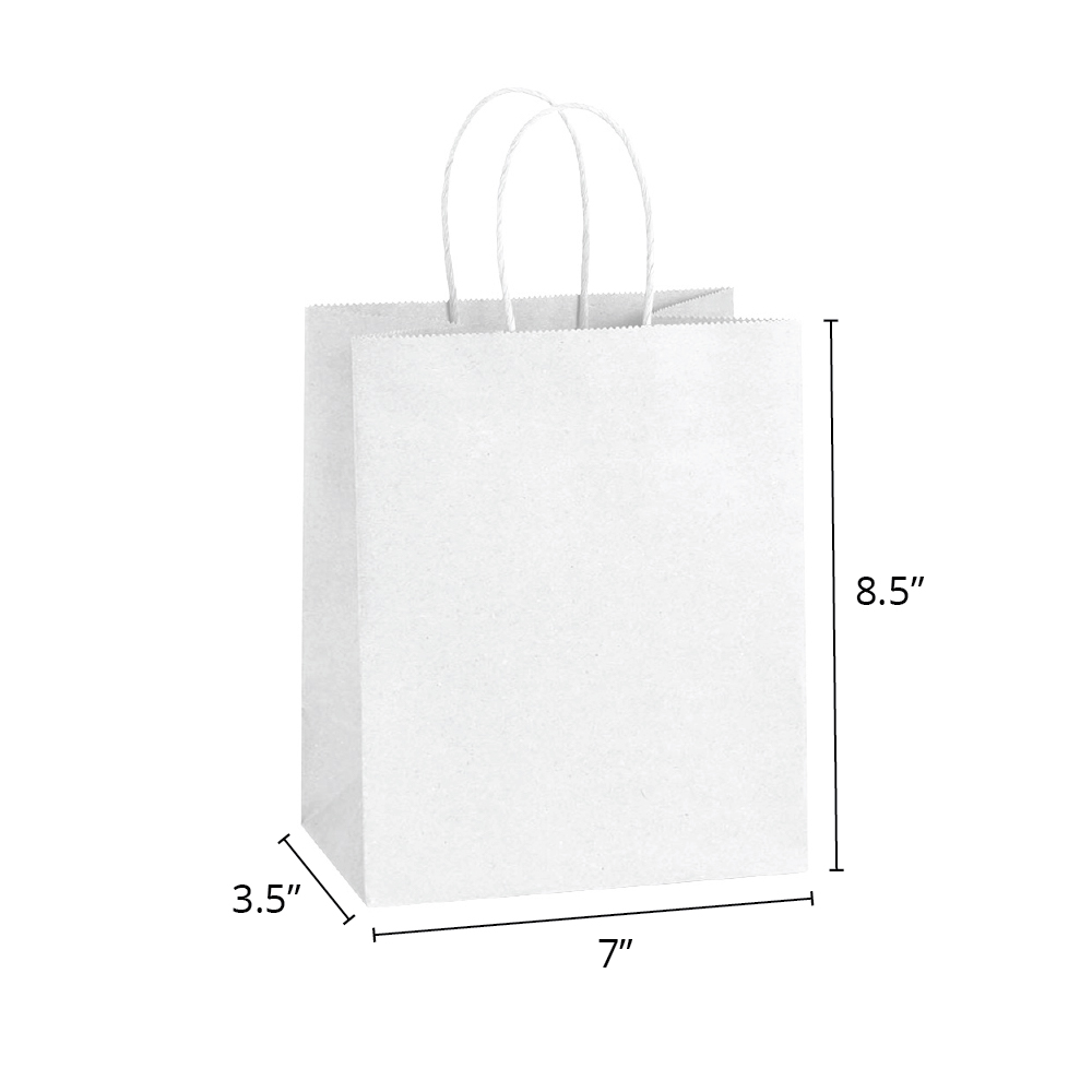 Timmy 7 x 3.5 x 8.5" <br>40% Recycled White Paper Shopping Bags 250/cs - Image 2