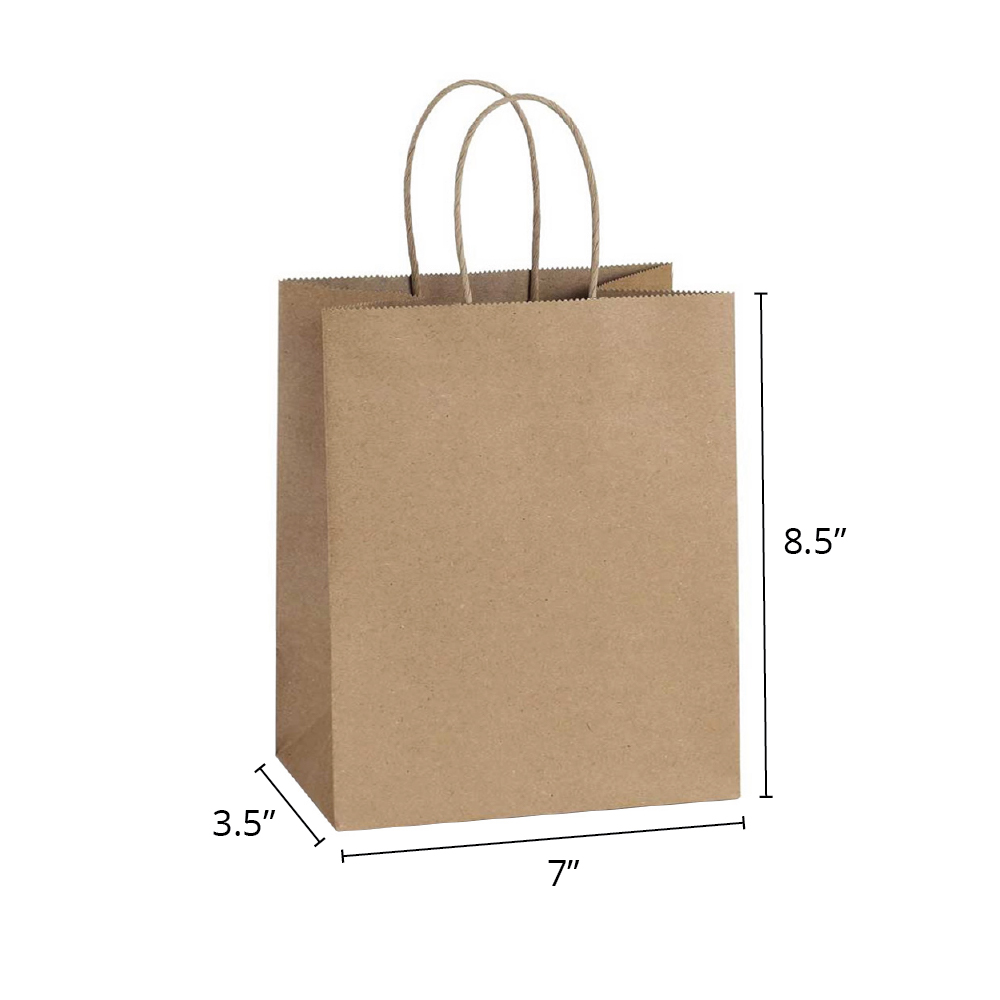 Timmy 7 x 3.5 x 8.5" <br>100% Recycled Kraft Paper Shopping Bags 25/pkg - Image 2