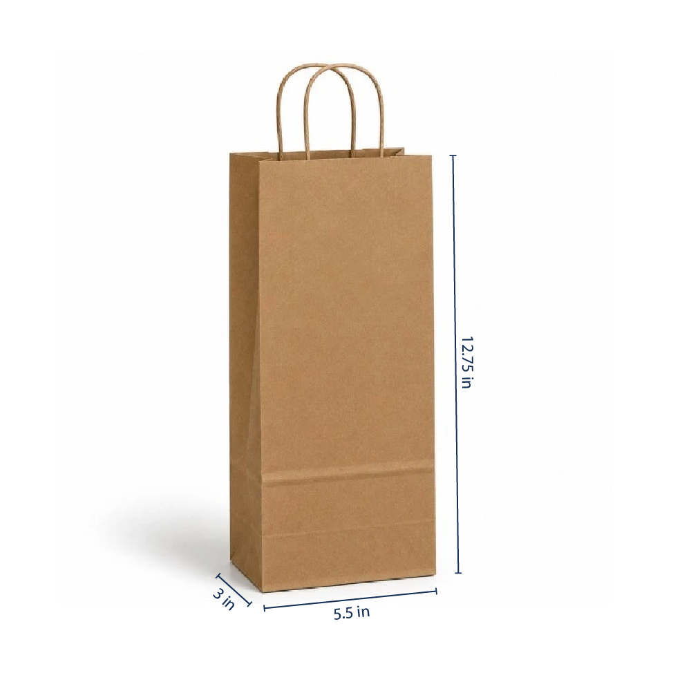 Vino 5.5 x 3 x 12.75" <br>100% Recycled Kraft Paper Single Bottle Bags 250/cs - Image 2
