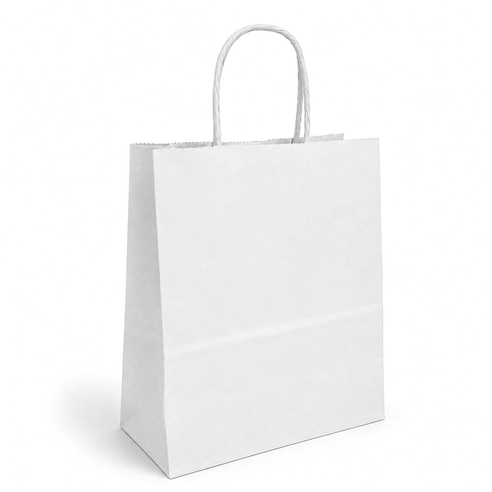 Timmy 7 x 3.5 x 8.5" <br>40% Recycled White Paper Shopping Bags 25/pkg
