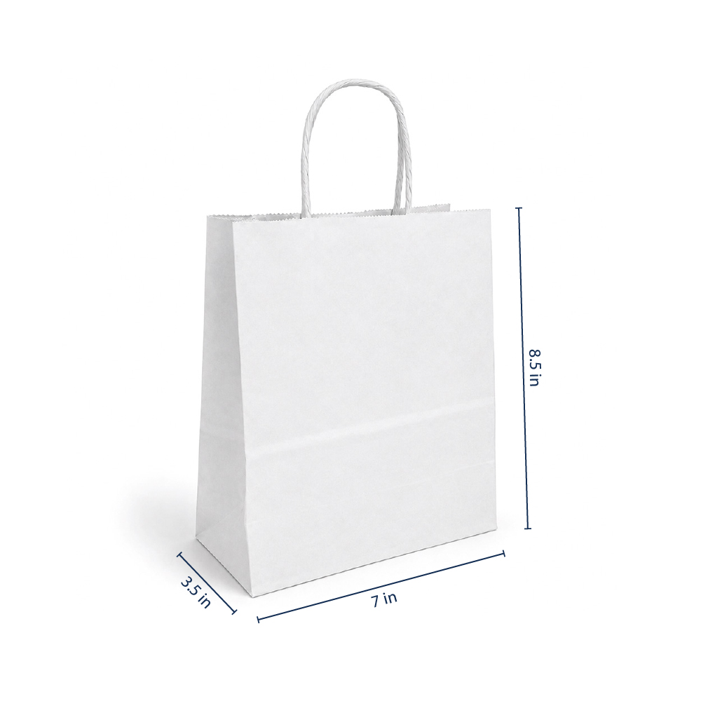 Timmy 7 x 3.5 x 8.5" <br>40% Recycled White Paper Shopping Bags 25/pkg - Image 2