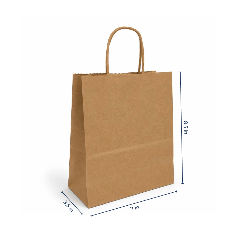 Timmy 7 x 3.5 x 8.5" <br>100% Recycled Kraft Paper Shopping Bags 250/cs - Image 2