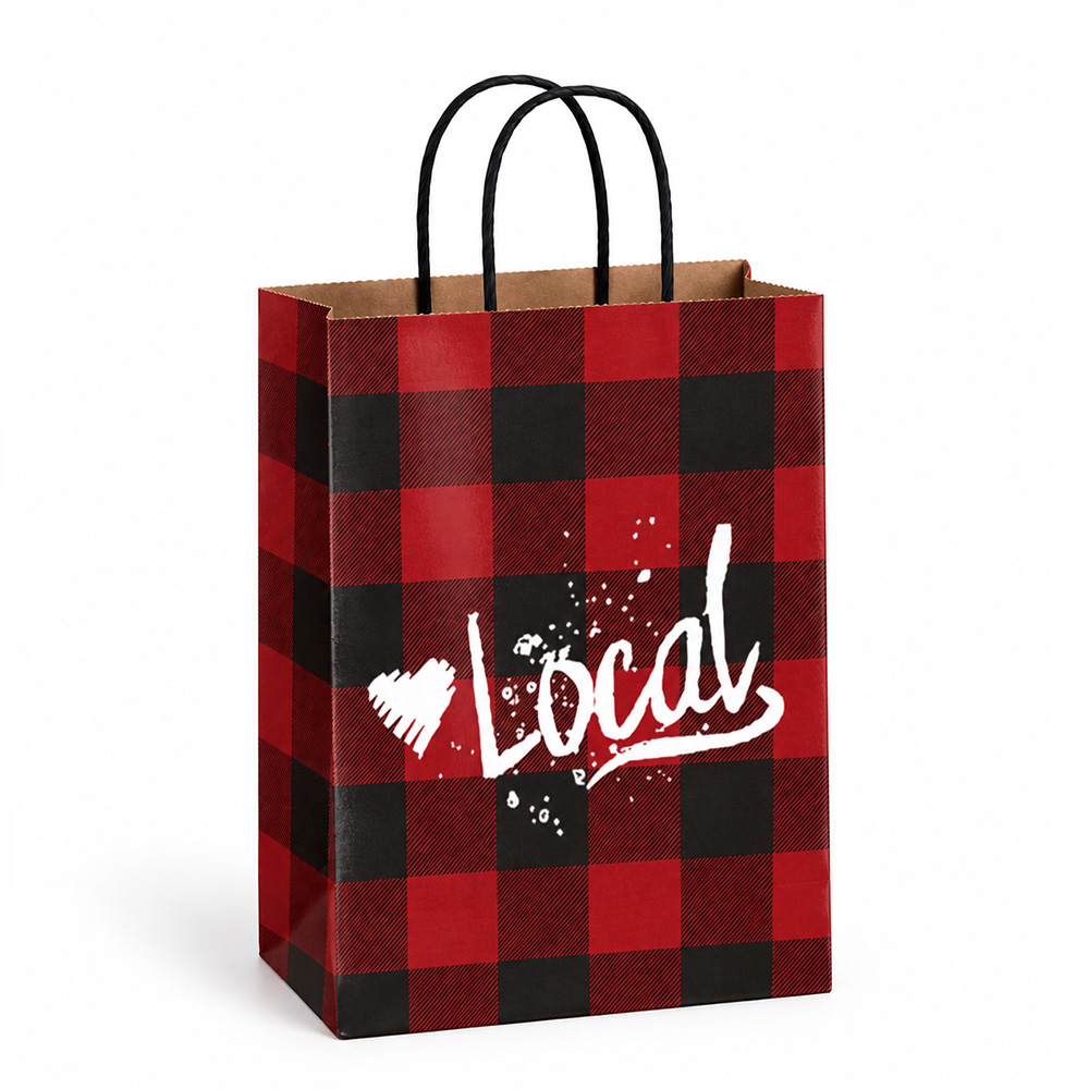 Petite 8 x 4 x 10″ <br>Love Local Plaid Paper Shopping Bags